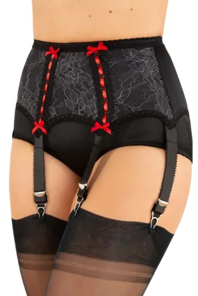 Porte Jarretelles Sexy à 6 attaches - Dentelle Noire et Ruban Rouge